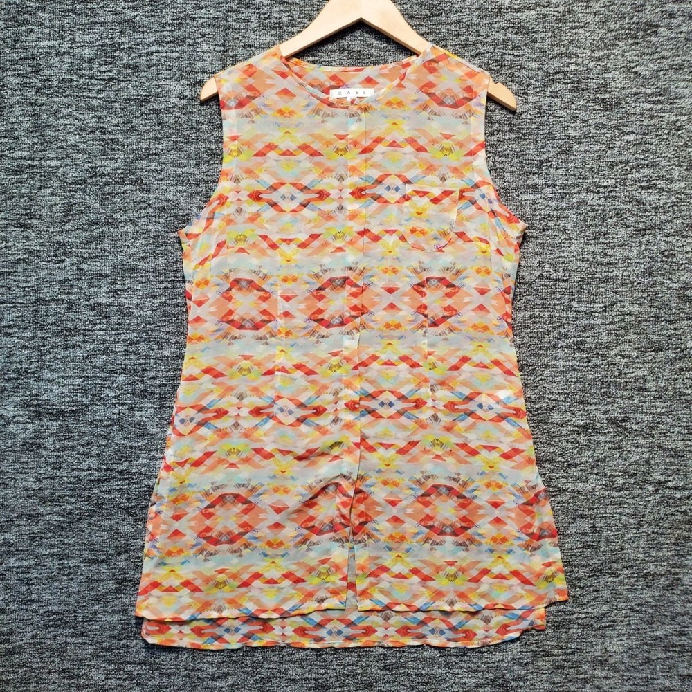 Cabi‎ Avery Tunic Tank Top Womens Medium Orange Aztec Geometric Hidden Button Up